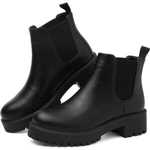 Girls Black Pull-On Fall Chelsea Boots Water-Resistant PU Ankle Heel Boots
